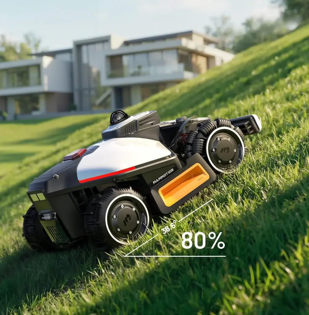 AWD 4x4 w Mammotion Luba mini 2 AWD 1500 Robot koszący AWD 4x4 Mammotion Luba mini 2 1500 na pochyłości do 80 procent